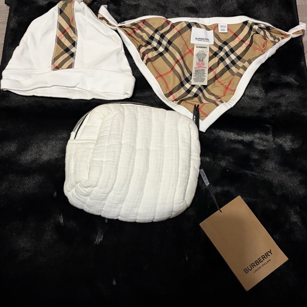Burberry White Quilted Pouch with Classic Check Trim Hat & Bandana